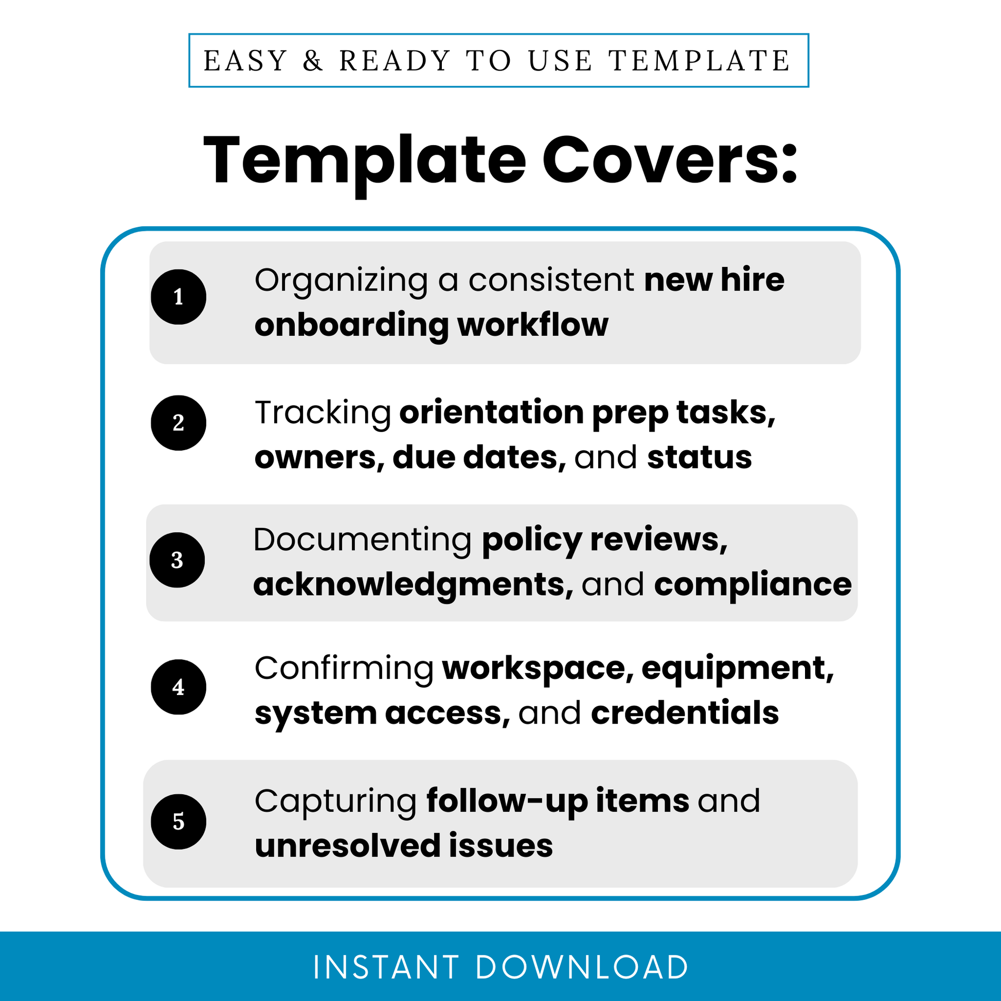 Infographic showing onboarding checklist template benefits including organizing new hire workflow, tracking tasks and deadlines, documenting HR compliance, managing workspace setup, and follow-up tracking