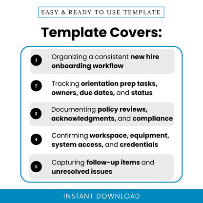 Infographic showing onboarding checklist template benefits including organizing new hire workflow, tracking tasks and deadlines, documenting HR compliance, managing workspace setup, and follow-up tracking