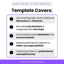 Overview of what the Conference Minutes Template covers, including documenting discussions and outcomes, recording decisions and next steps, summarizing takeaways, aligning follow-up responsibilities, and organizing notes in a professional format. Instant download banner included.