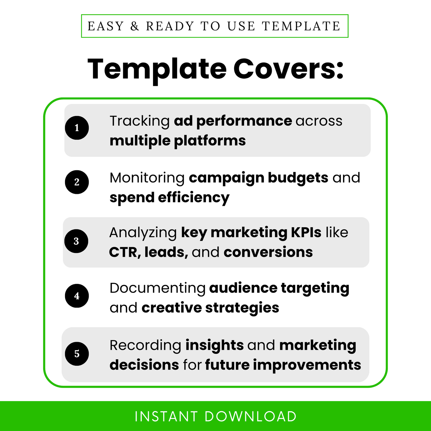 Simple Ad Campaign Tracker Template highlighting key features like tracking ad performance, campaign budgets, and marketing KPIs. This editable marketing tracker template is perfect for analyzing CTR, leads, and conversions across multiple platforms.