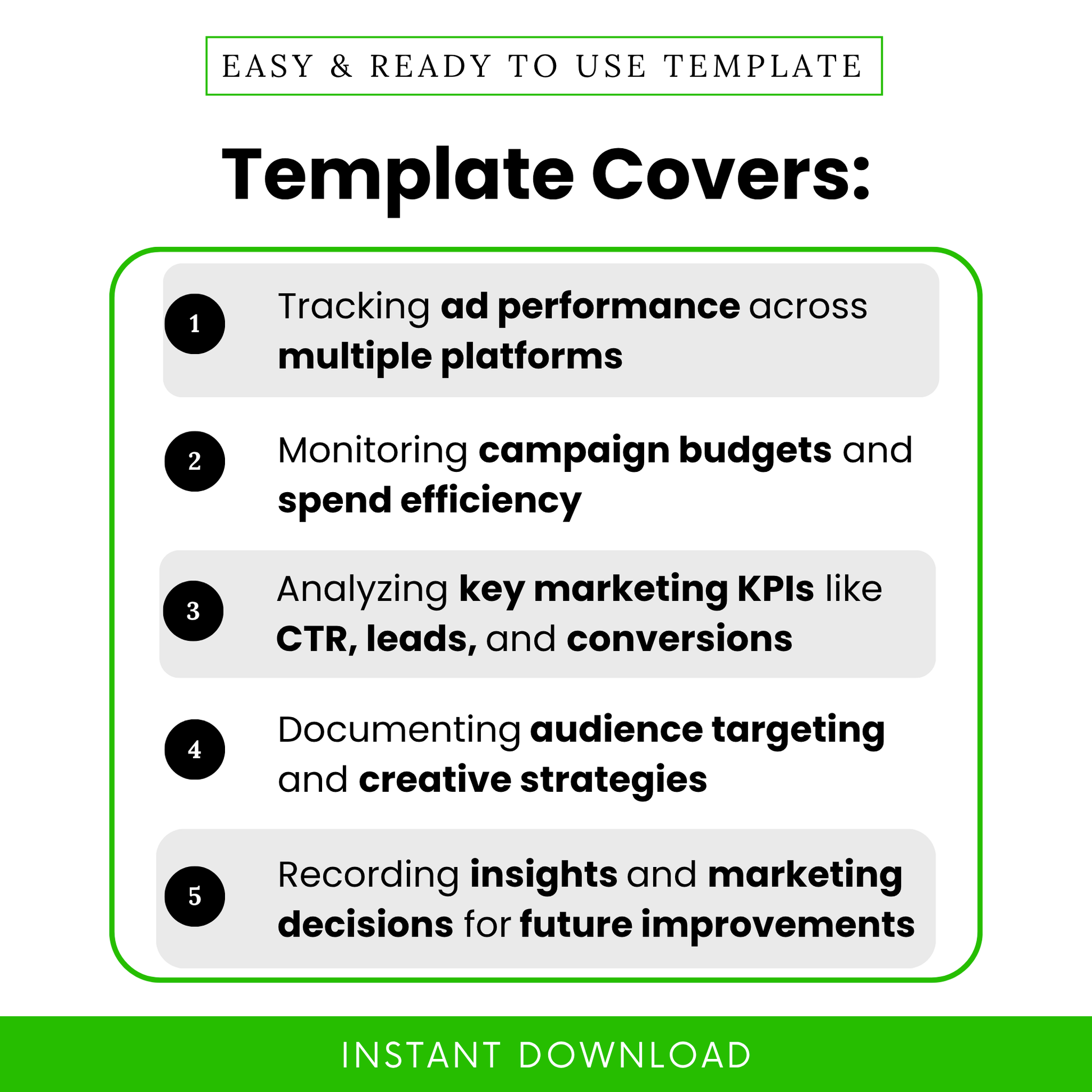 Simple Ad Campaign Tracker Template highlighting key features like tracking ad performance, campaign budgets, and marketing KPIs. This editable marketing tracker template is perfect for analyzing CTR, leads, and conversions across multiple platforms.