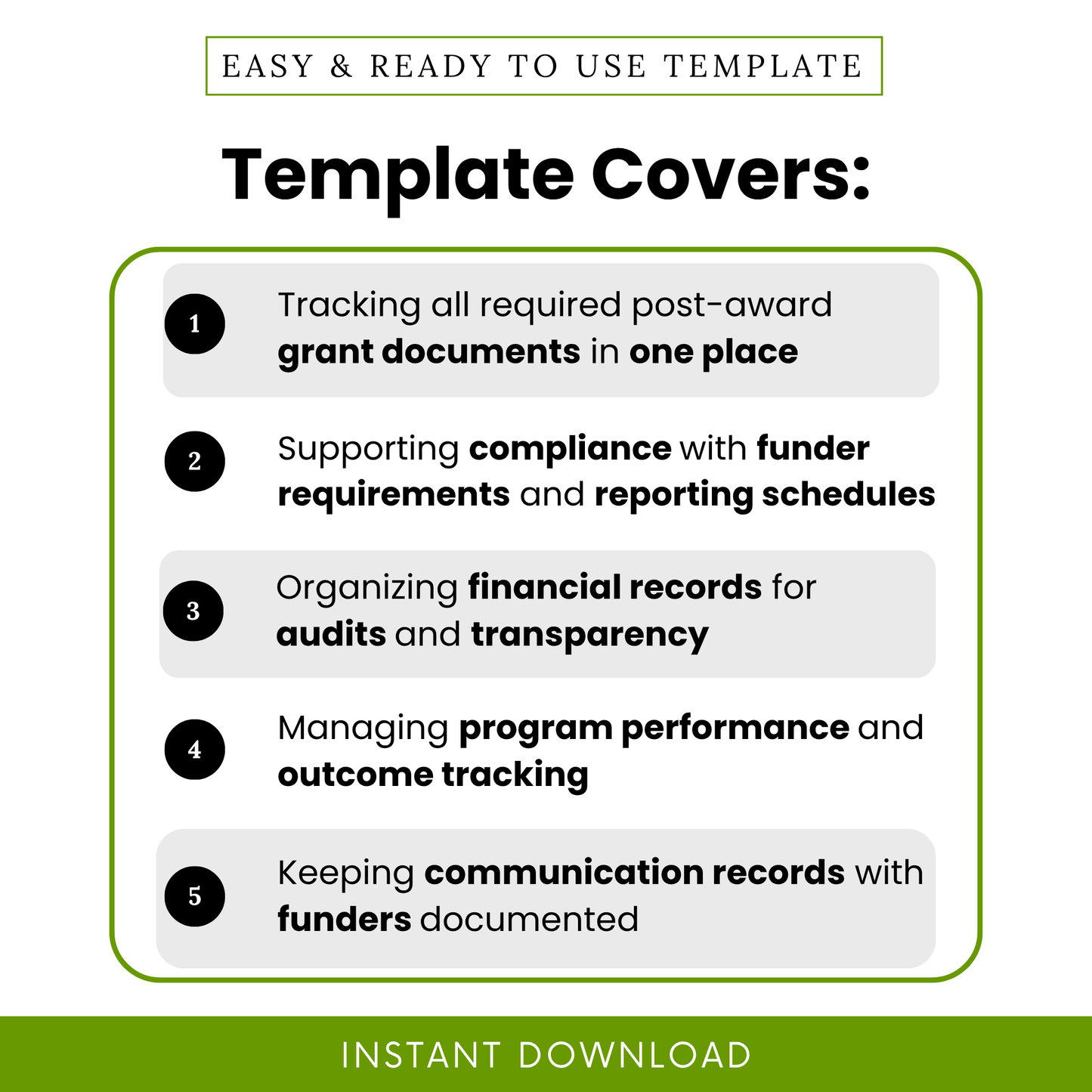 Simple Post-Award Grant File Checklist Template highlighting key use cases like tracking grant documents, ensuring compliance, and organizing financial records. This nonprofit checklist template supports teams, nonprofits, and grant coordinators in managing reporting and documentation efficiently.