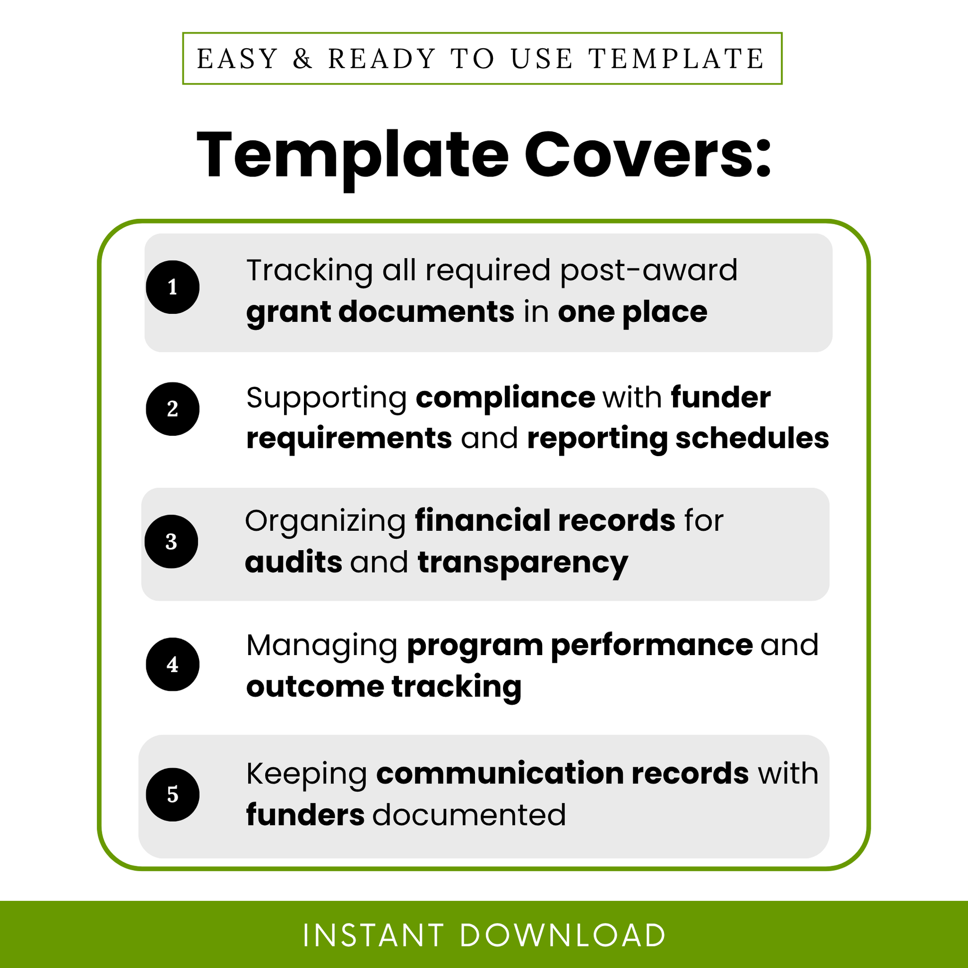 Simple Post-Award Grant File Checklist Template highlighting key use cases like tracking grant documents, ensuring compliance, and organizing financial records. This nonprofit checklist template supports teams, nonprofits, and grant coordinators in managing reporting and documentation efficiently.