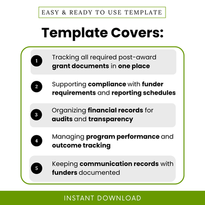 Simple Post-Award Grant File Checklist Template highlighting key use cases like tracking grant documents, ensuring compliance, and organizing financial records. This nonprofit checklist template supports teams, nonprofits, and grant coordinators in managing reporting and documentation efficiently.