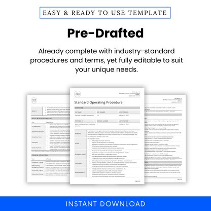 Employee Training & Development SOP template promotional graphic. Showcases a pre-written, industry-standard document with structured procedures and terms. The image includes a document preview highlighting key sections such as roles and responsibilities, terms and definitions, and procedure steps. The design emphasizes full editability to suit business needs. A purple 'Instant Download' banner at the bottom indicates immediate access upon purchase.