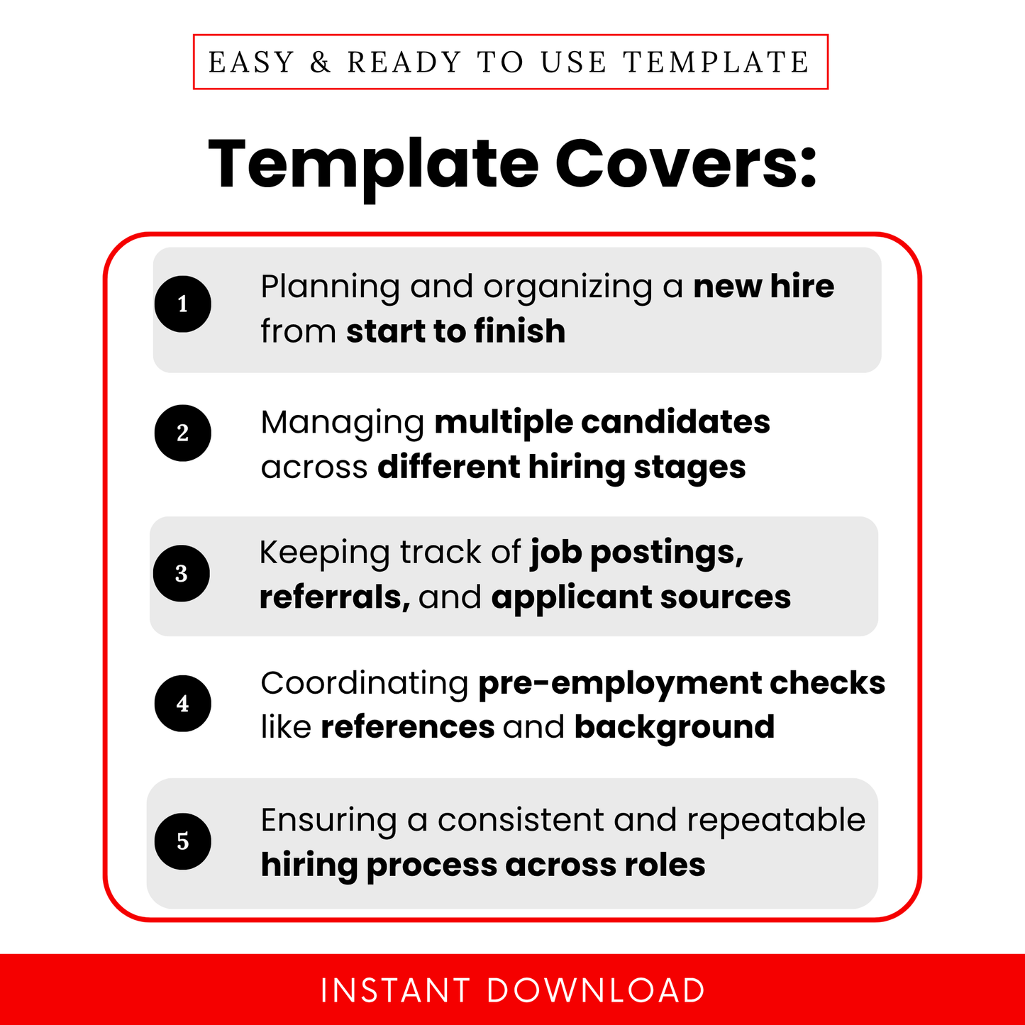 Hiring checklist template use cases showing candidate tracking, recruitment stages, job posting management, interview coordination, and onboarding workflow for HR professionals and business owners