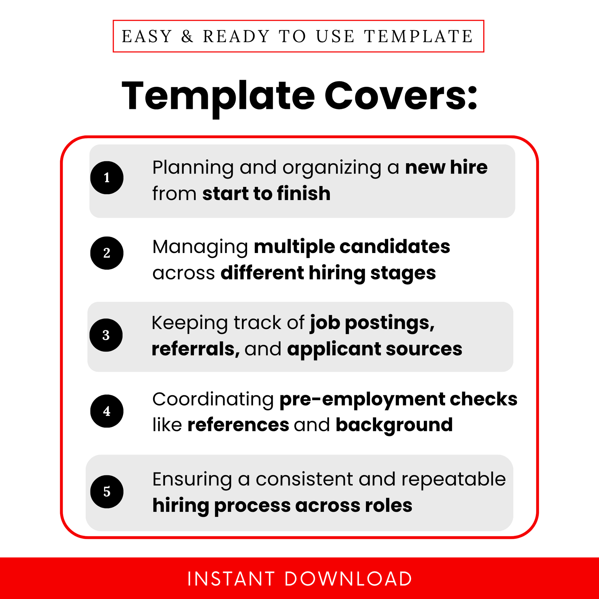 Hiring checklist template use cases showing candidate tracking, recruitment stages, job posting management, interview coordination, and onboarding workflow for HR professionals and business owners