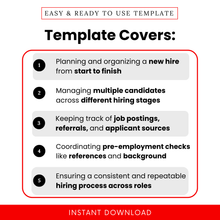 Hiring checklist template use cases showing candidate tracking, recruitment stages, job posting management, interview coordination, and onboarding workflow for HR professionals and business owners
