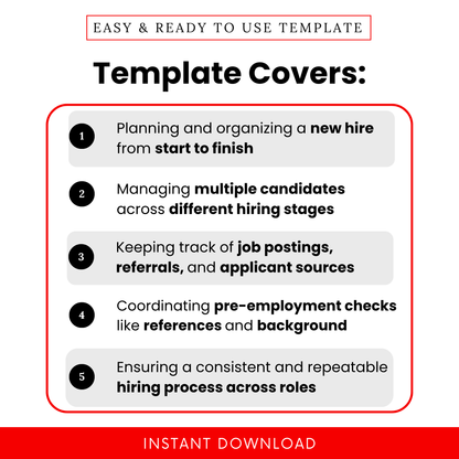Hiring checklist template use cases showing candidate tracking, recruitment stages, job posting management, interview coordination, and onboarding workflow for HR professionals and business owners