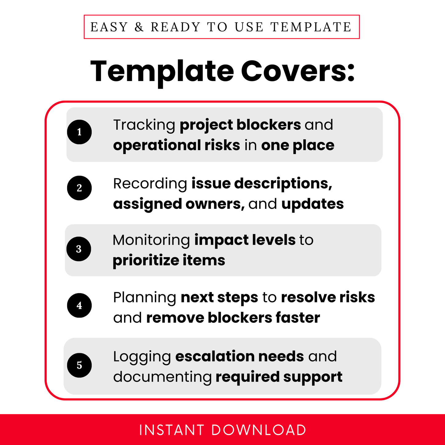 Project risk tracker template showcasing features including tracking project blockers, assigning owners, monitoring impact levels, planning next steps, and documenting escalation needs in a clean professional layout