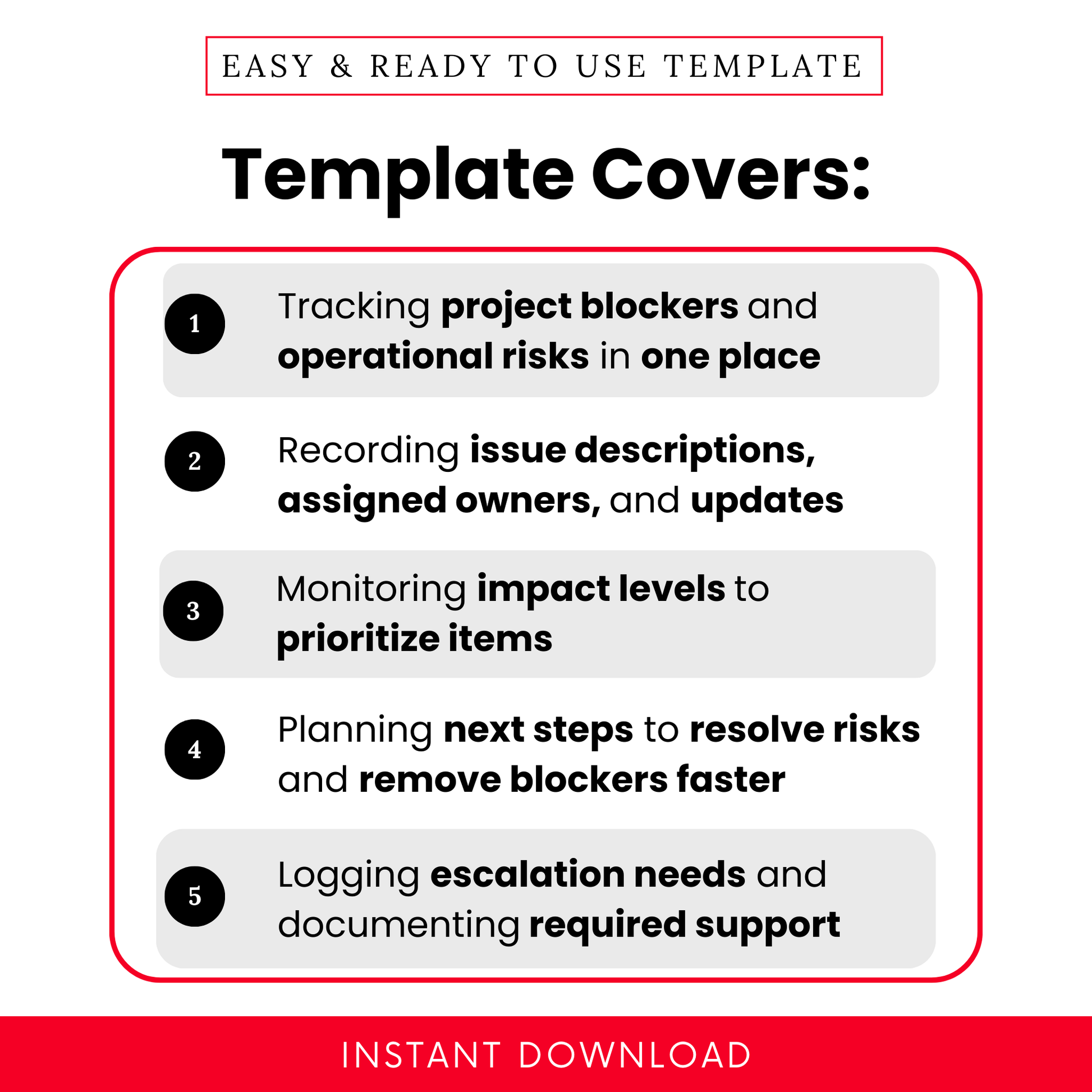 Project risk tracker template showcasing features including tracking project blockers, assigning owners, monitoring impact levels, planning next steps, and documenting escalation needs in a clean professional layout