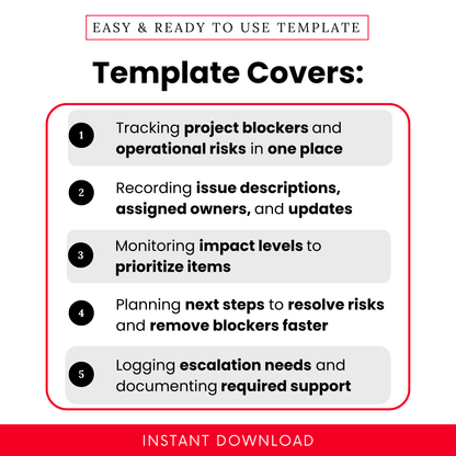 Project risk tracker template showcasing features including tracking project blockers, assigning owners, monitoring impact levels, planning next steps, and documenting escalation needs in a clean professional layout