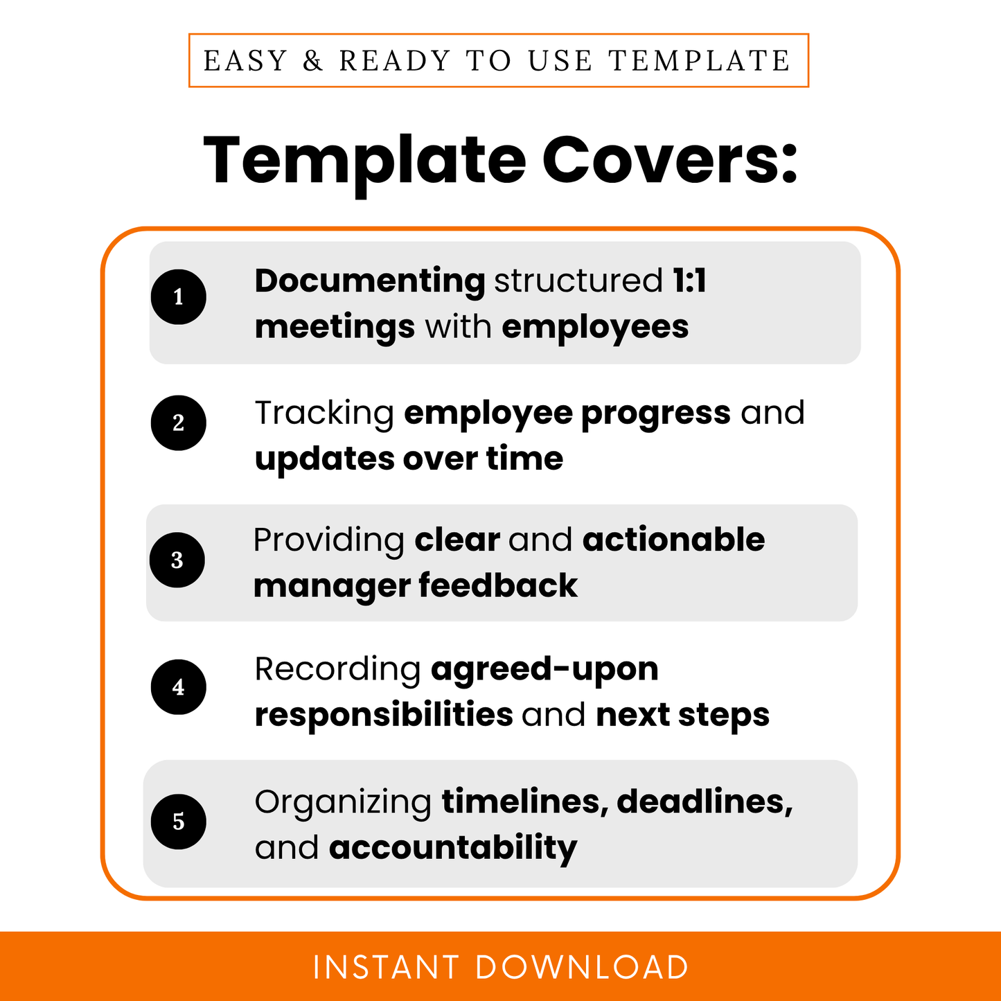 This manager meeting template highlights structured 1:1 discussions, employee progress tracking, clear feedback, and organized action steps with deadlines.