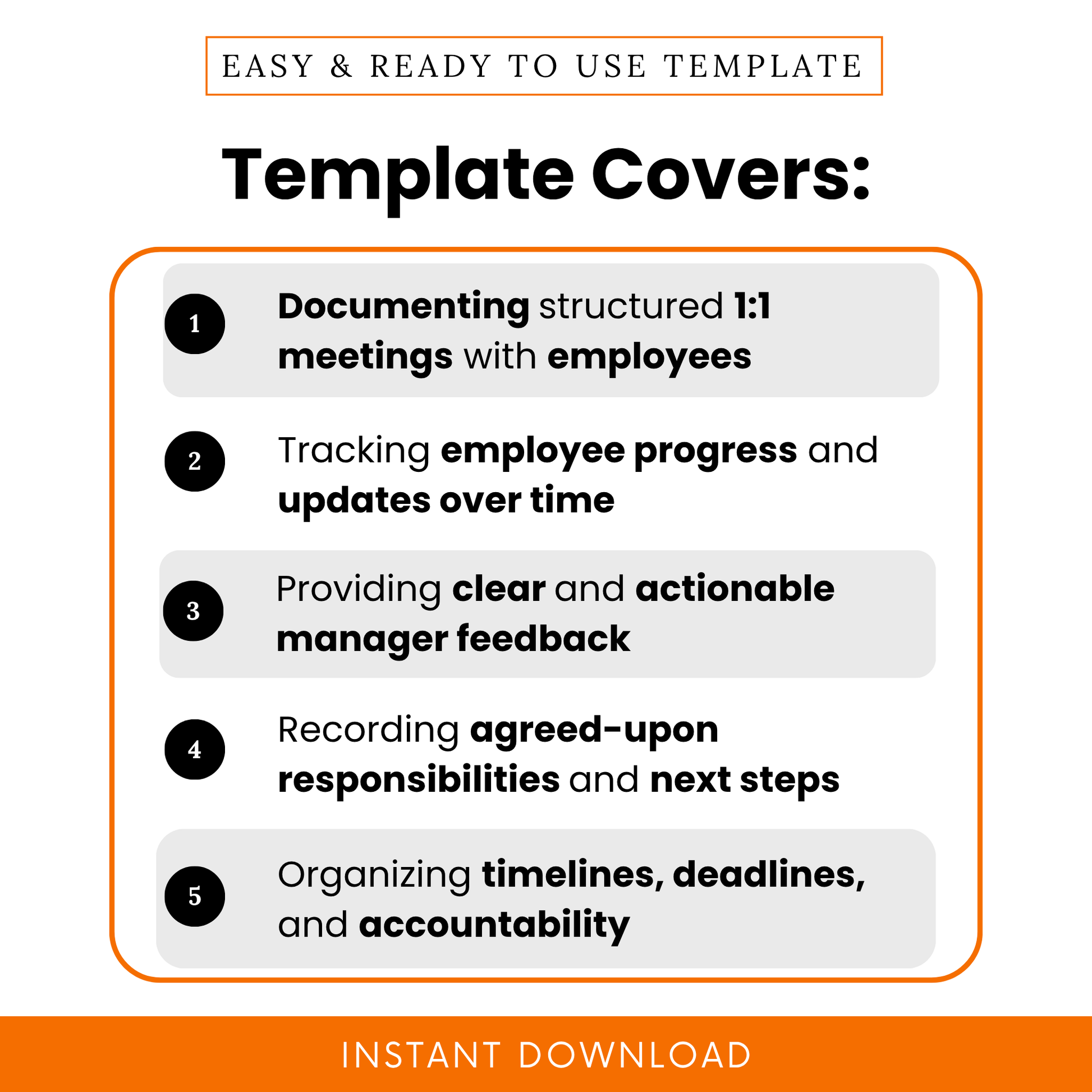 This manager meeting template highlights structured 1:1 discussions, employee progress tracking, clear feedback, and organized action steps with deadlines.
