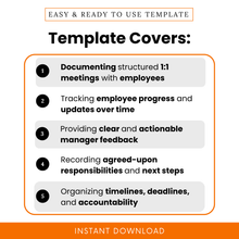 This manager meeting template highlights structured 1:1 discussions, employee progress tracking, clear feedback, and organized action steps with deadlines.