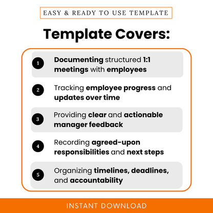 This manager meeting template highlights structured 1:1 discussions, employee progress tracking, clear feedback, and organized action steps with deadlines.