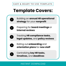 Nonprofit HR plan template use cases including annual HR strategy, board meeting preparation, HR compliance tracking, onboarding planning, and task management