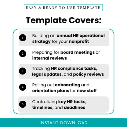 Nonprofit HR plan template use cases including annual HR strategy, board meeting preparation, HR compliance tracking, onboarding planning, and task management