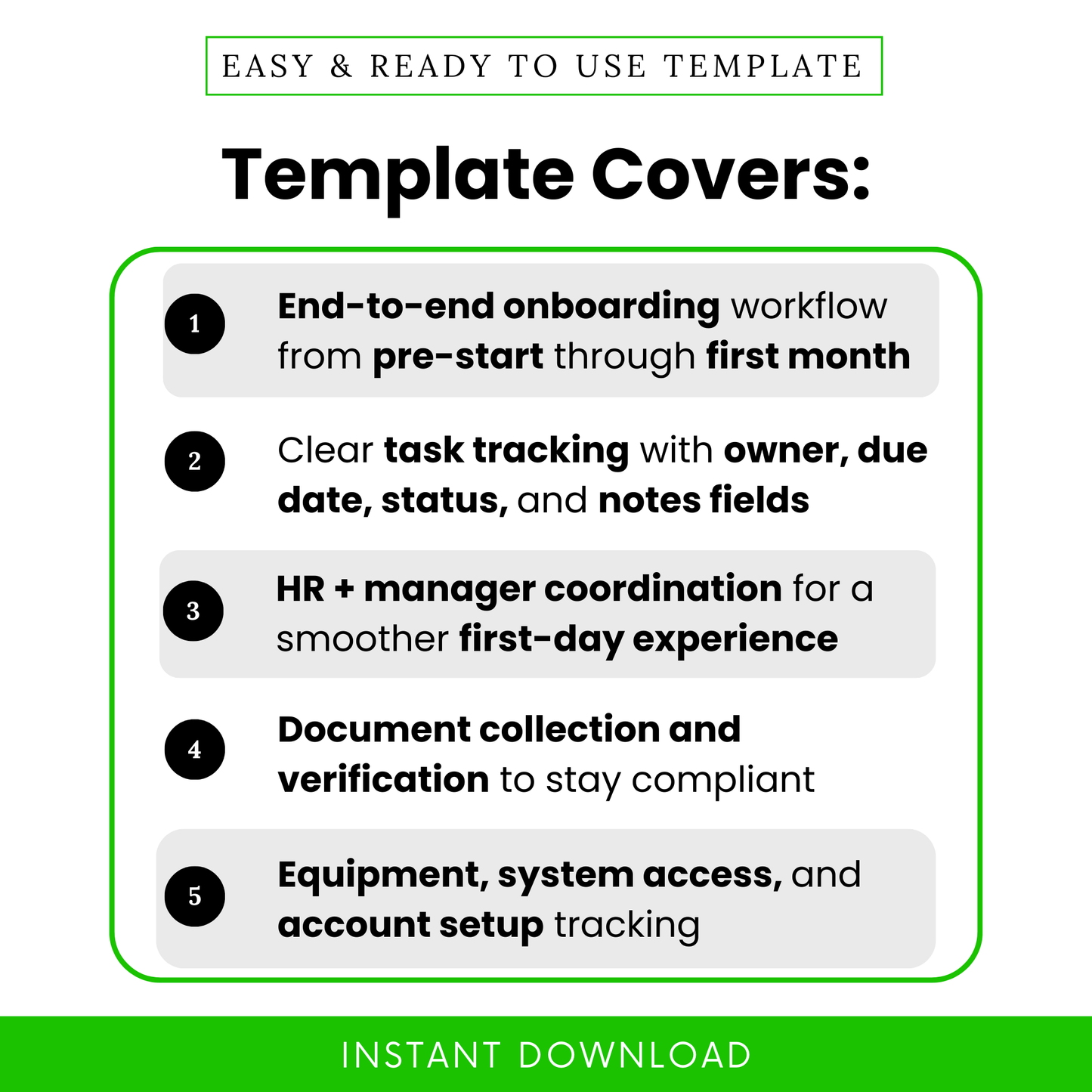 HR onboarding checklist template overview showing end-to-end onboarding workflow, task tracking with owner due date status notes, employee onboarding process planner for HR teams and managers