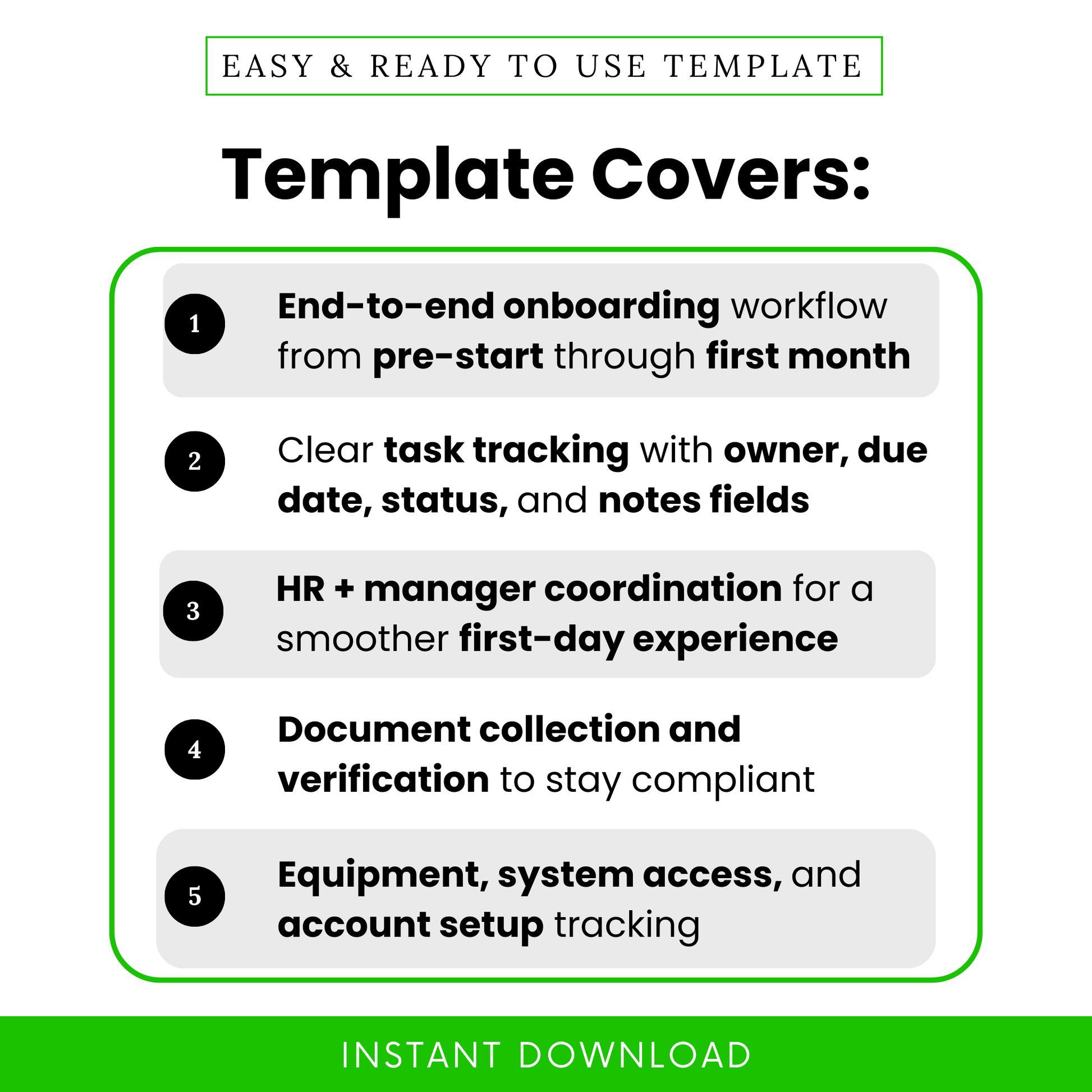 HR onboarding checklist template overview showing end-to-end onboarding workflow, task tracking with owner due date status notes, employee onboarding process planner for HR teams and managers