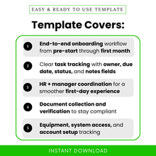 HR onboarding checklist template overview showing end-to-end onboarding workflow, task tracking with owner due date status notes, employee onboarding process planner for HR teams and managers