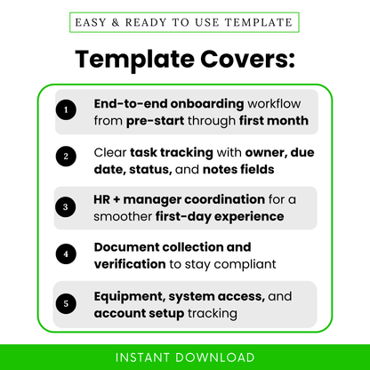 HR onboarding checklist template overview showing end-to-end onboarding workflow, task tracking with owner due date status notes, employee onboarding process planner for HR teams and managers