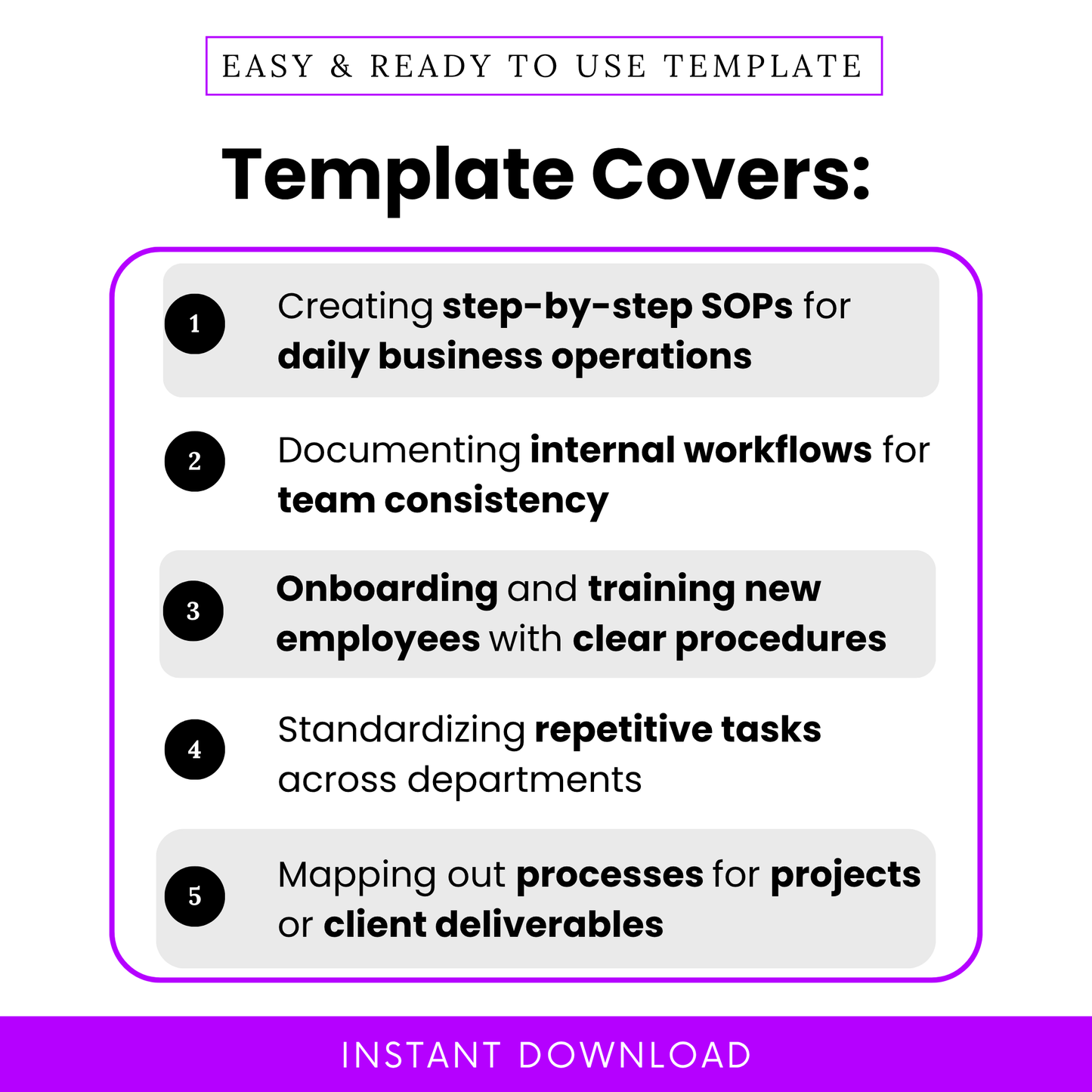 SOP template use cases infographic showing step by step SOP creation, internal workflows, employee onboarding training, repetitive task standardization and process mapping for business operations