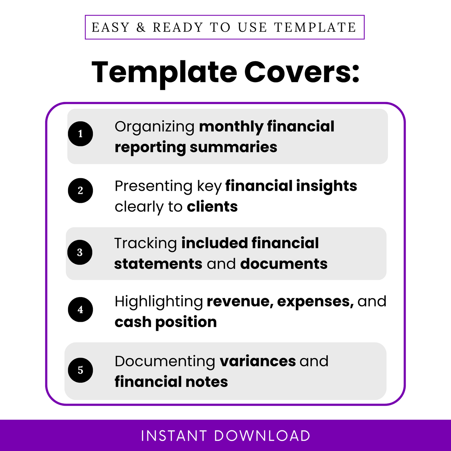 Bookkeeping template features graphic showing monthly financial reporting summaries, client financial insights, income statement tracking, expense and cash position overview, accounting report highlights visual