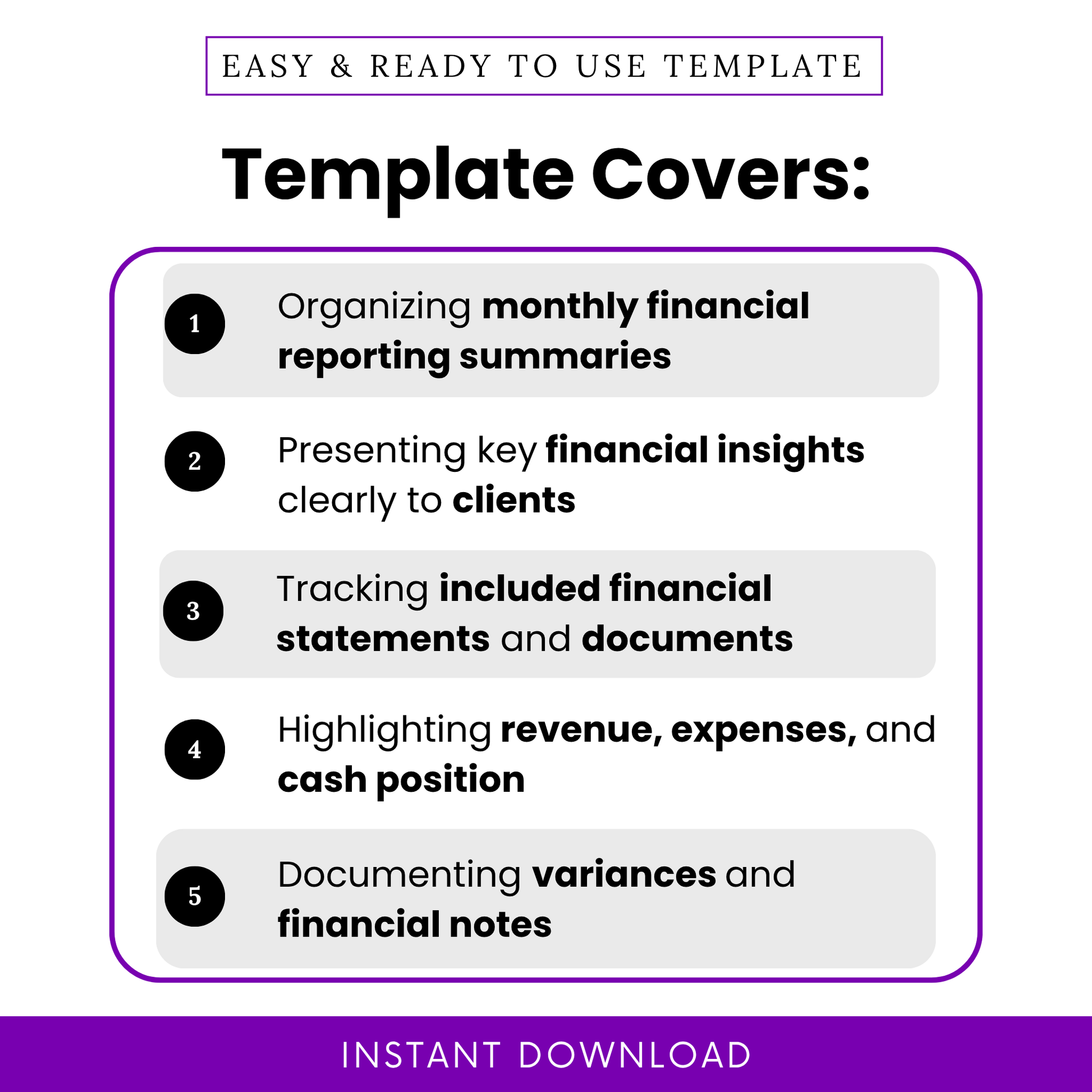 Bookkeeping template features graphic showing monthly financial reporting summaries, client financial insights, income statement tracking, expense and cash position overview, accounting report highlights visual