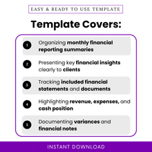 Bookkeeping template features graphic showing monthly financial reporting summaries, client financial insights, income statement tracking, expense and cash position overview, accounting report highlights visual
