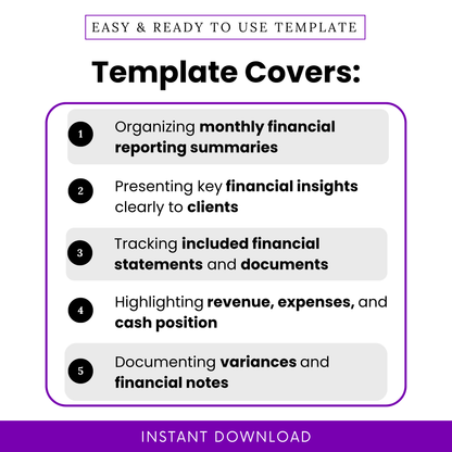 Bookkeeping template features graphic showing monthly financial reporting summaries, client financial insights, income statement tracking, expense and cash position overview, accounting report highlights visual