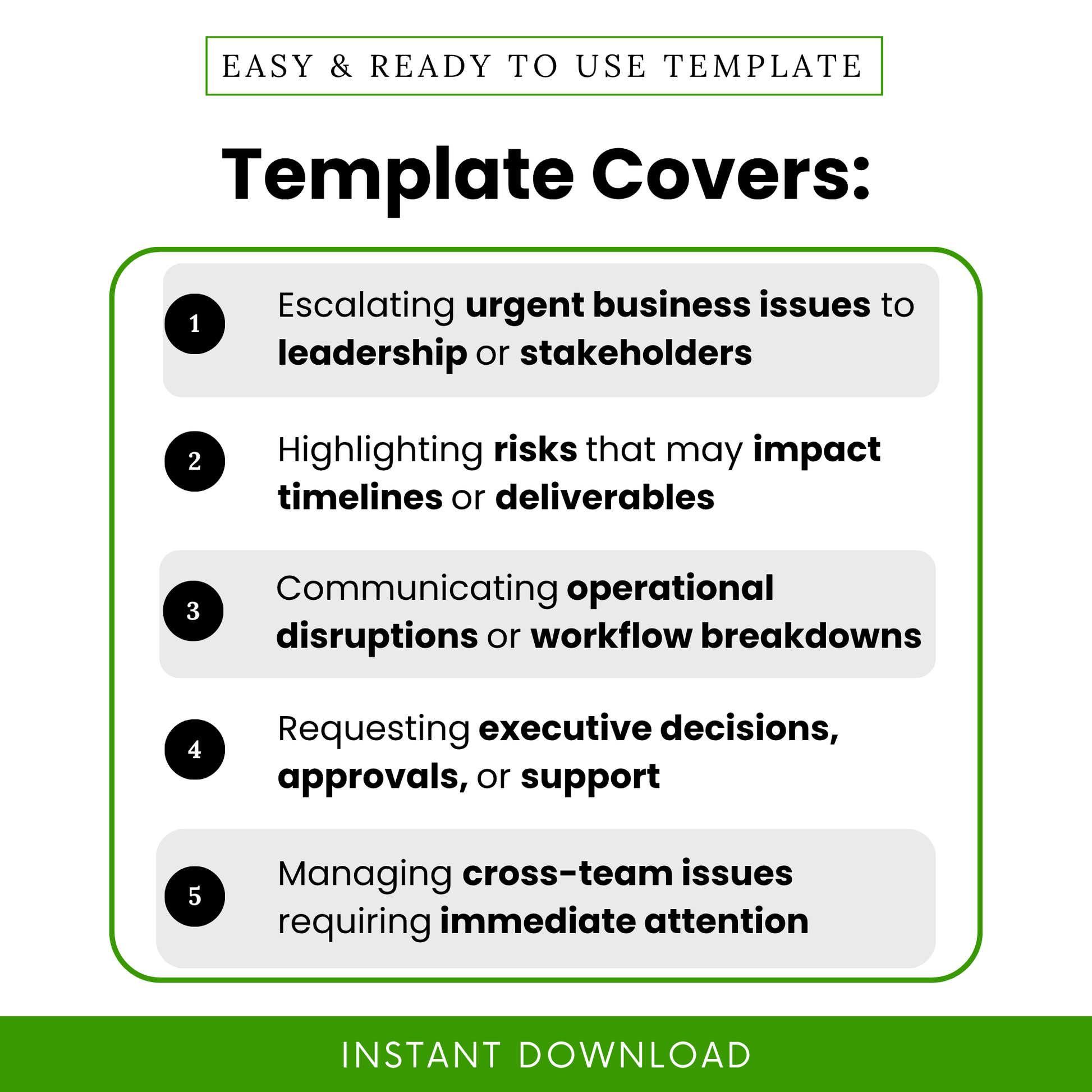 Issue escalation template use cases including urgent business issues, risk management, operational disruptions, executive decision requests, and cross-team problem tracking