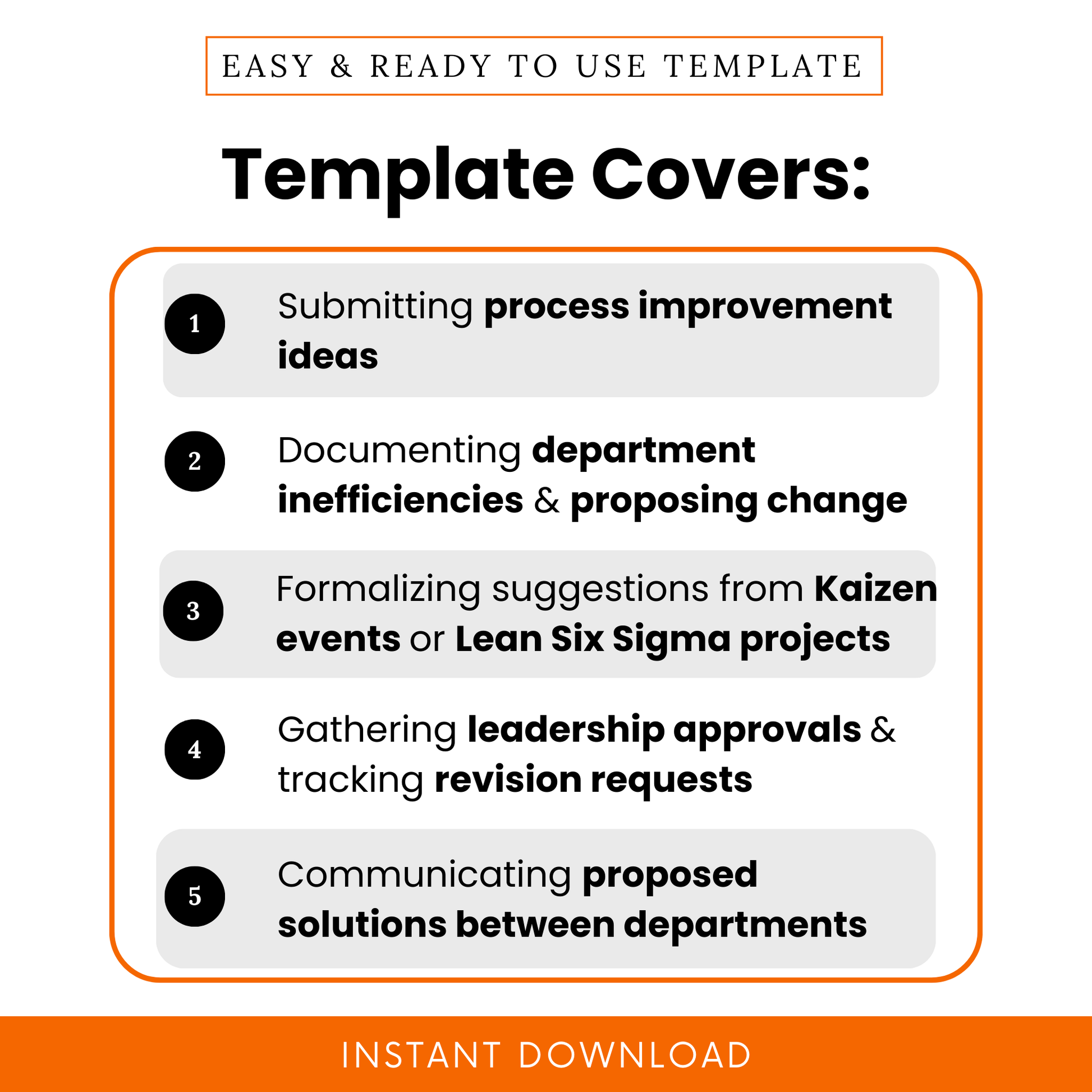Process improvement template use cases infographic showing submitting improvement ideas, documenting inefficiencies, Lean Six Sigma projects, leadership approvals, and cross-department communication