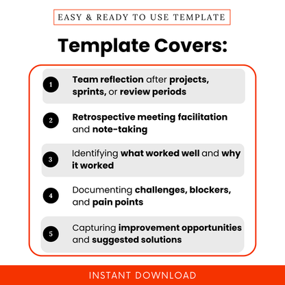 Team Retrospective Template Use Cases Including Project Reflection, Sprint Review, Meeting Facilitation, Note Taking, Identifying Wins And Challenges, Improvement Planning Worksheet