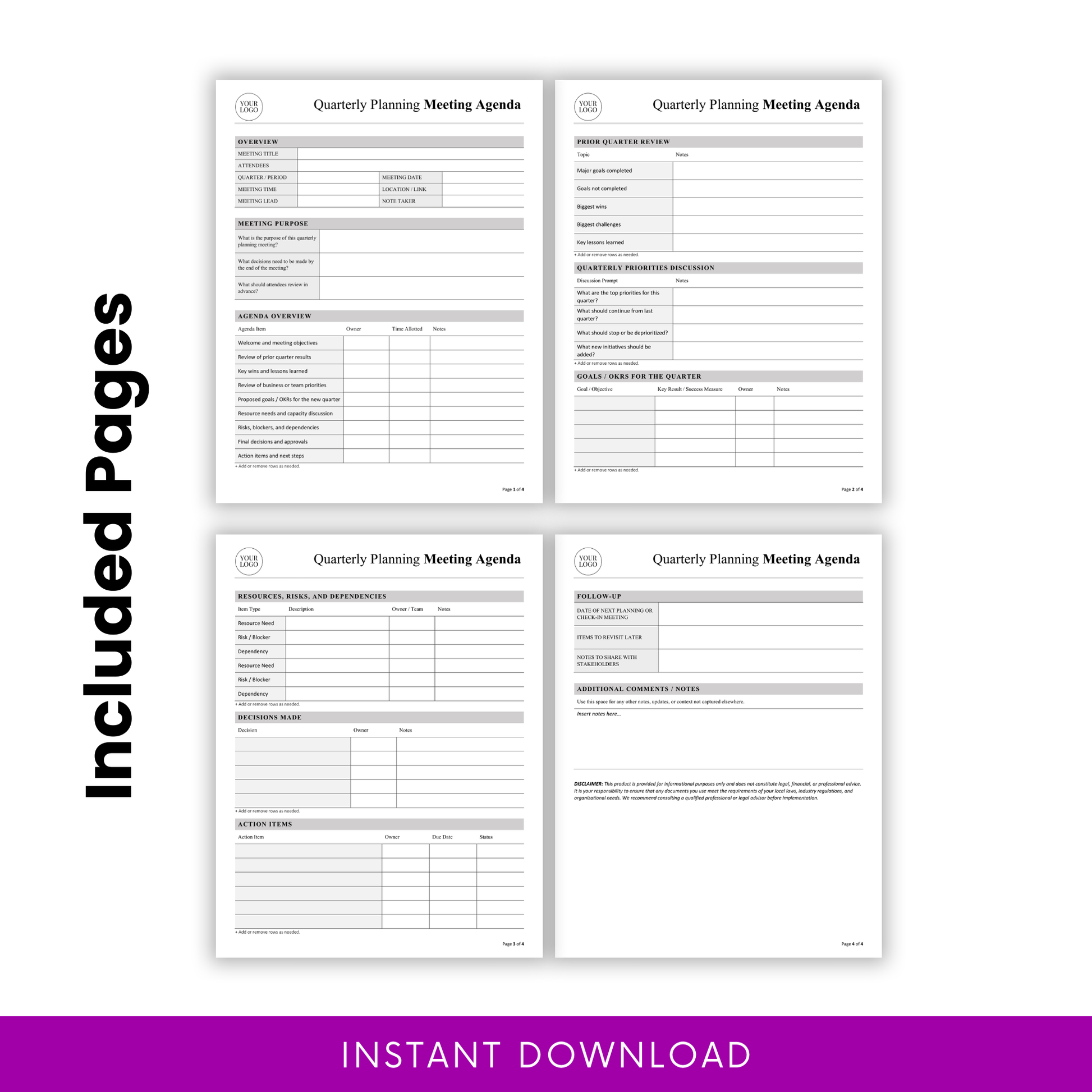 Multi-page quarterly meeting agenda template preview showing structured sections for agenda overview, prior quarter review, goals planning, resources, risks, decisions, and action items in a professional format