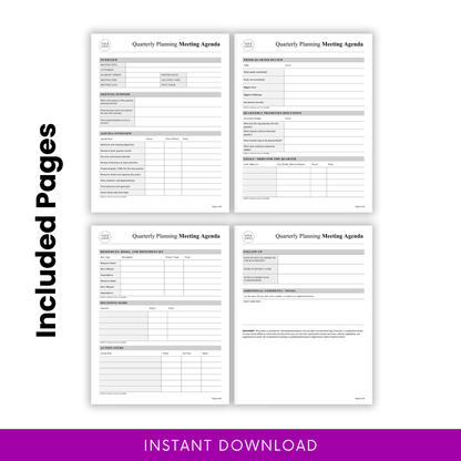 Multi-page quarterly meeting agenda template preview showing structured sections for agenda overview, prior quarter review, goals planning, resources, risks, decisions, and action items in a professional format