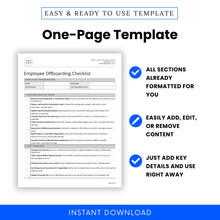 One-page Employee Offboarding Checklist Template for HR professionals, small businesses, and hiring managers. Easy and ready-to-use offboarding form with pre-formatted sections. Fully editable Microsoft Word and PDF download. Customize with company logo, add or remove tasks, and use immediately. Perfect for streamlining the offboarding process for employees due to involuntary termination or voluntary termination (resignation). Instant digital download, compatible with Letter and A4 sizes.