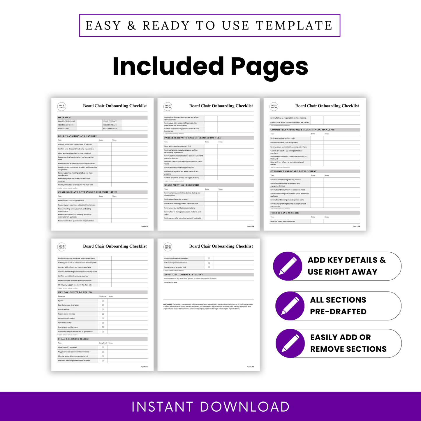 Nonprofit board chair onboarding checklist template listing included pages with five printable checklist sheets, editable nonprofit leadership onboarding document, pre-drafted sections, customizable notes, and instant download Word and PDF files
