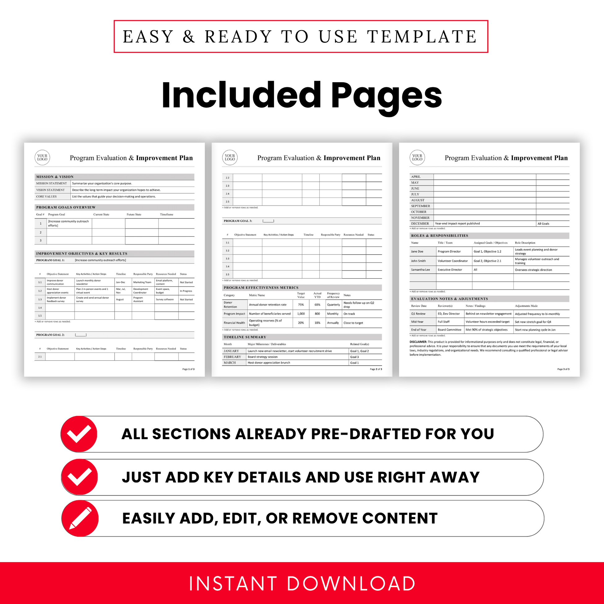 Nonprofit program evaluation template pages preview with mission, goals overview, objectives, metrics, timeline, and roles sections in clean printable layout