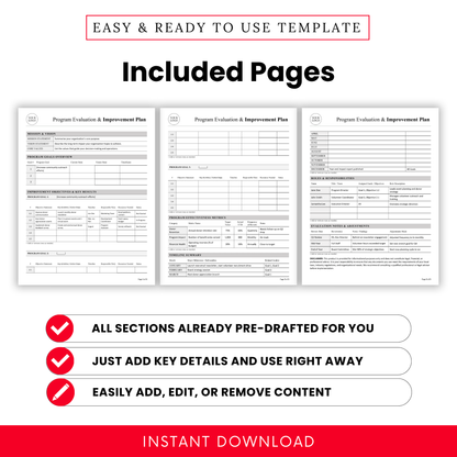 Nonprofit program evaluation template pages preview with mission, goals overview, objectives, metrics, timeline, and roles sections in clean printable layout