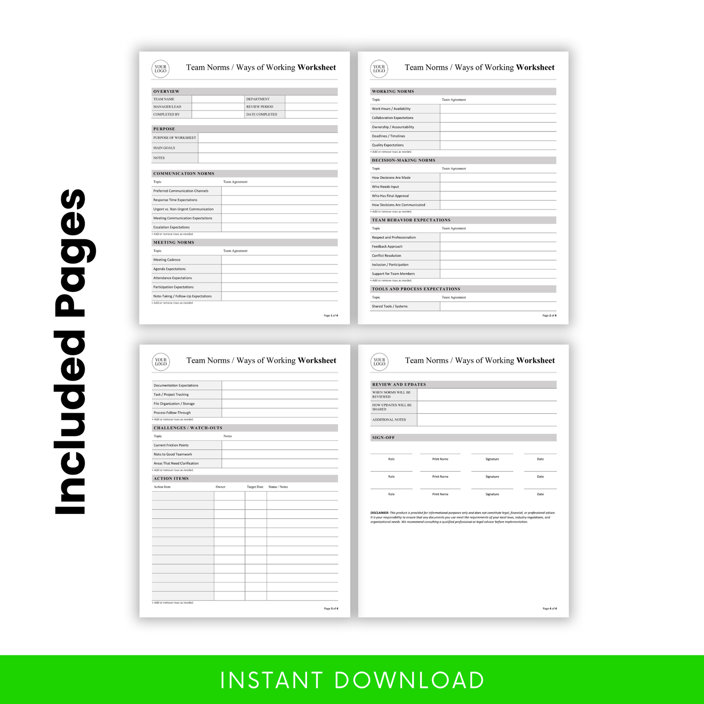 Four-page team norms worksheet preview with sections for communication norms, meeting expectations, decision-making, tools, challenges, and action items, professional grayscale layout