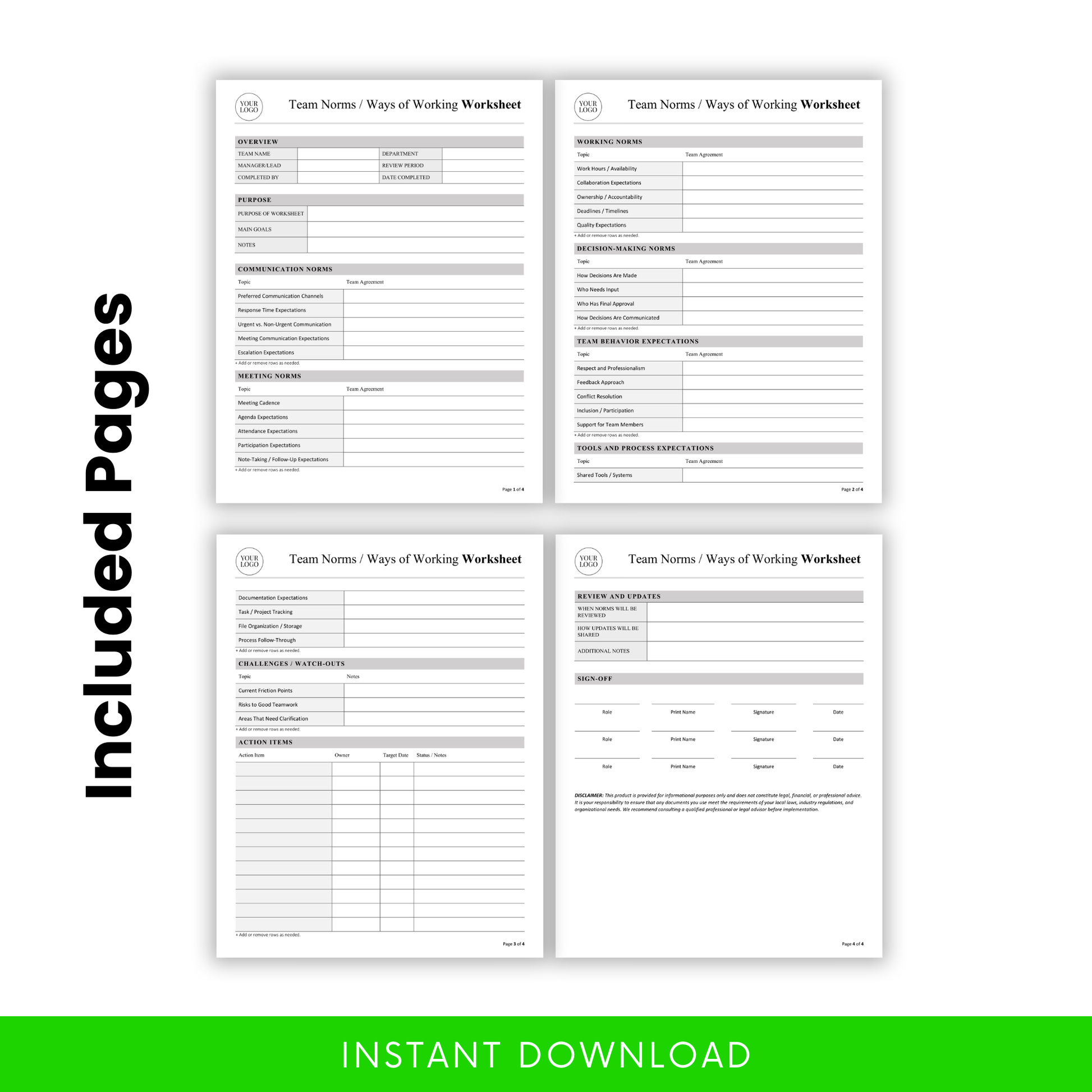 Four-page team norms worksheet preview with sections for communication norms, meeting expectations, decision-making, tools, challenges, and action items, professional grayscale layout
