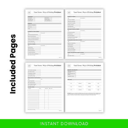 Four-page team norms worksheet preview with sections for communication norms, meeting expectations, decision-making, tools, challenges, and action items, professional grayscale layout