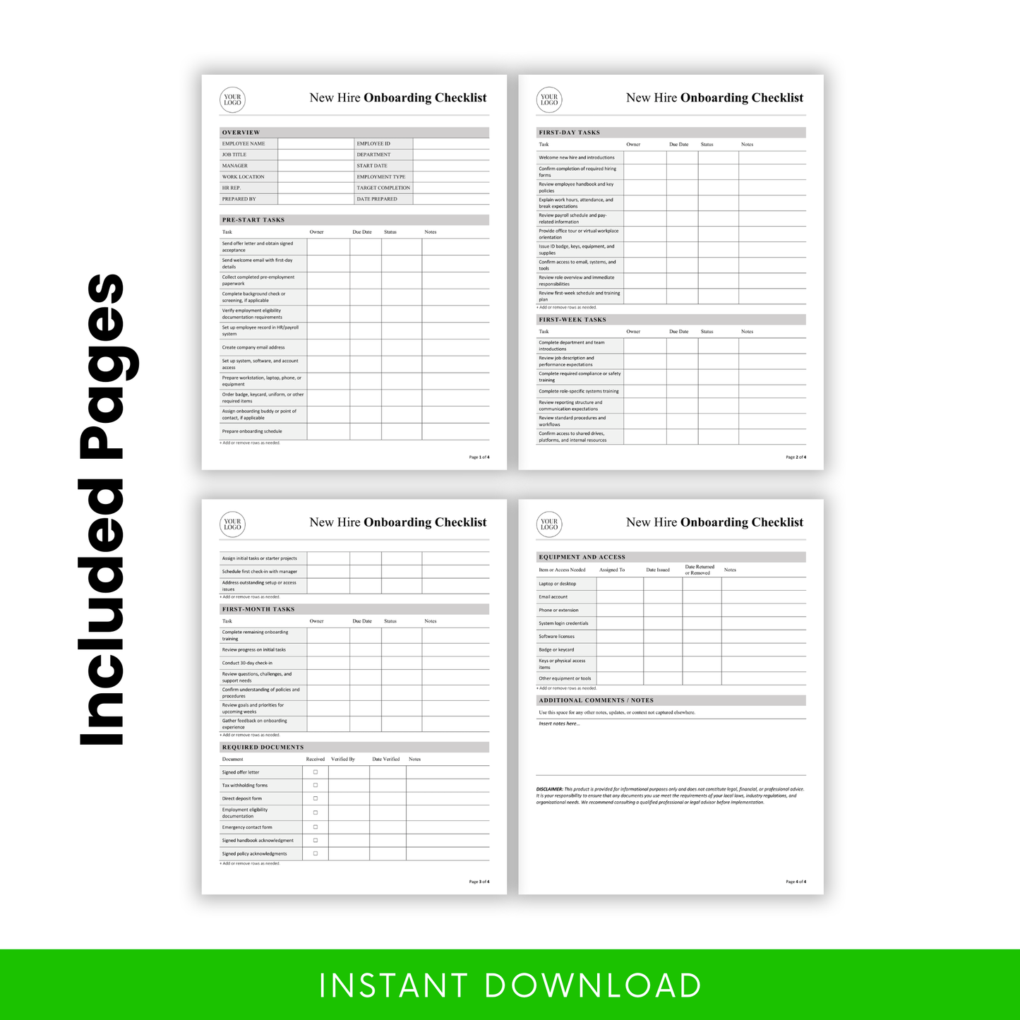 Multi-page employee onboarding checklist template including pre-start, first day, first week, first month tasks, required documents tracker, equipment and access log, printable HR forms