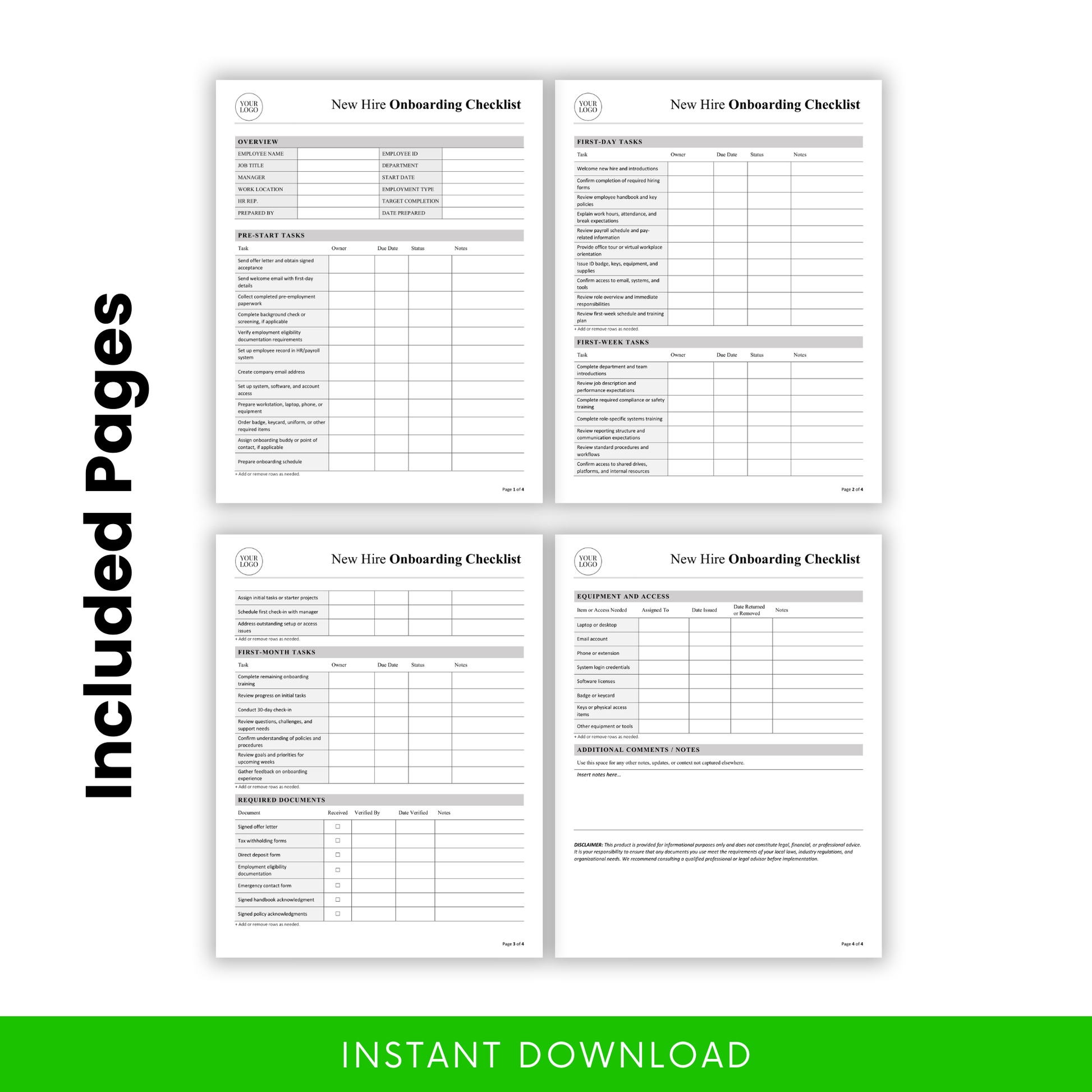 Multi-page employee onboarding checklist template including pre-start, first day, first week, first month tasks, required documents tracker, equipment and access log, printable HR forms