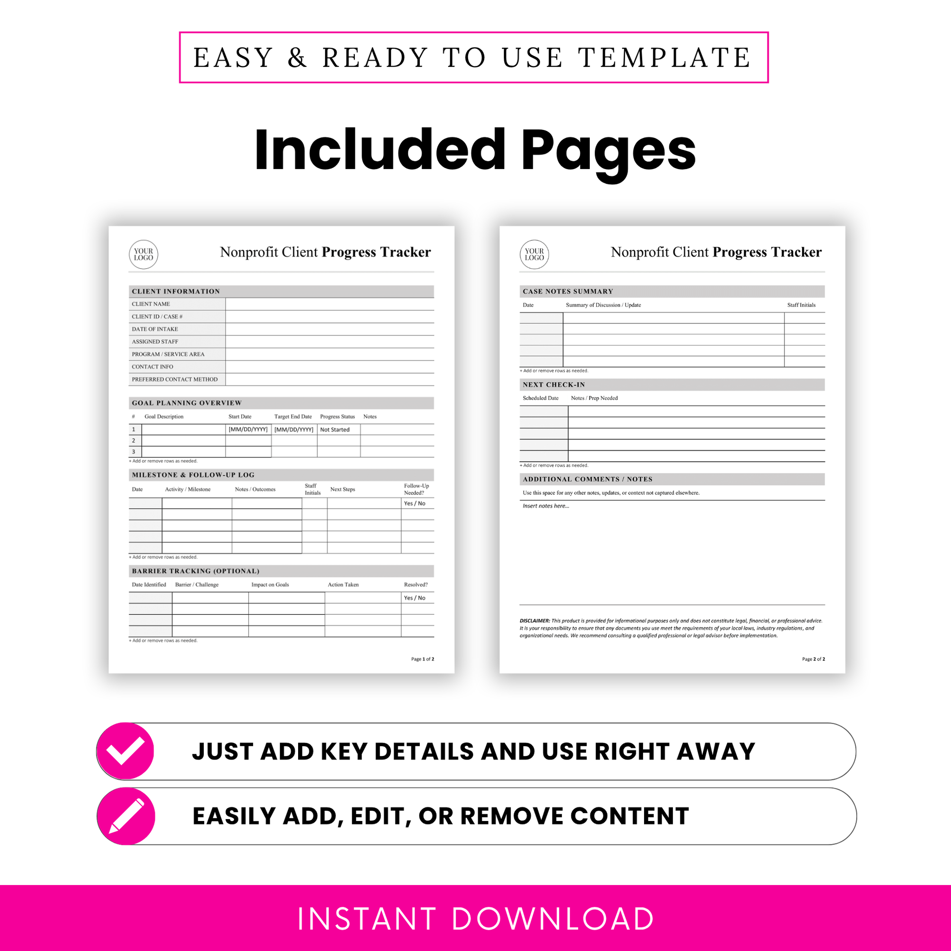 Nonprofit client tracking template pages showing client information form, goal planning overview, milestone and follow-up log, case notes summary, and check-in sections for case managers