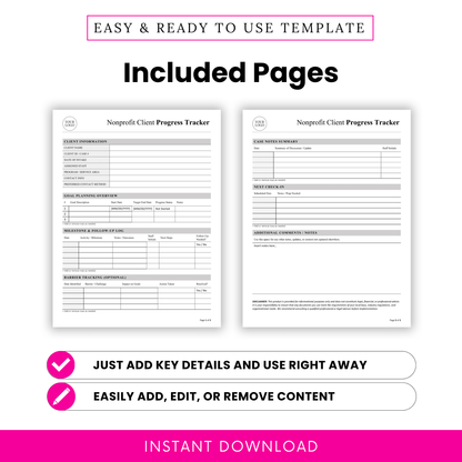 Nonprofit client tracking template pages showing client information form, goal planning overview, milestone and follow-up log, case notes summary, and check-in sections for case managers
