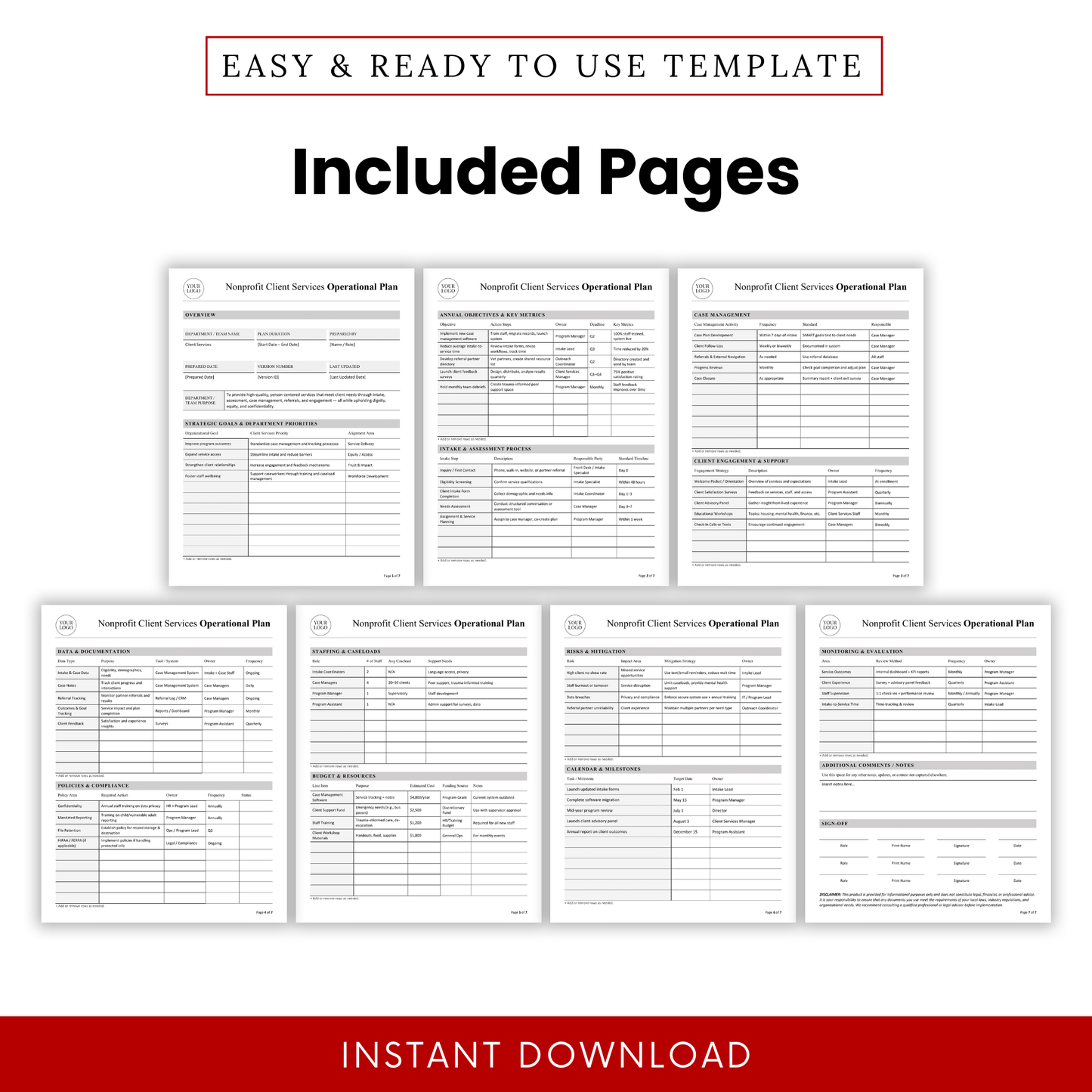Nonprofit client services operational plan template multi-page preview including data tracking, case management, staffing, budget, risk mitigation, and evaluation sections in Word format