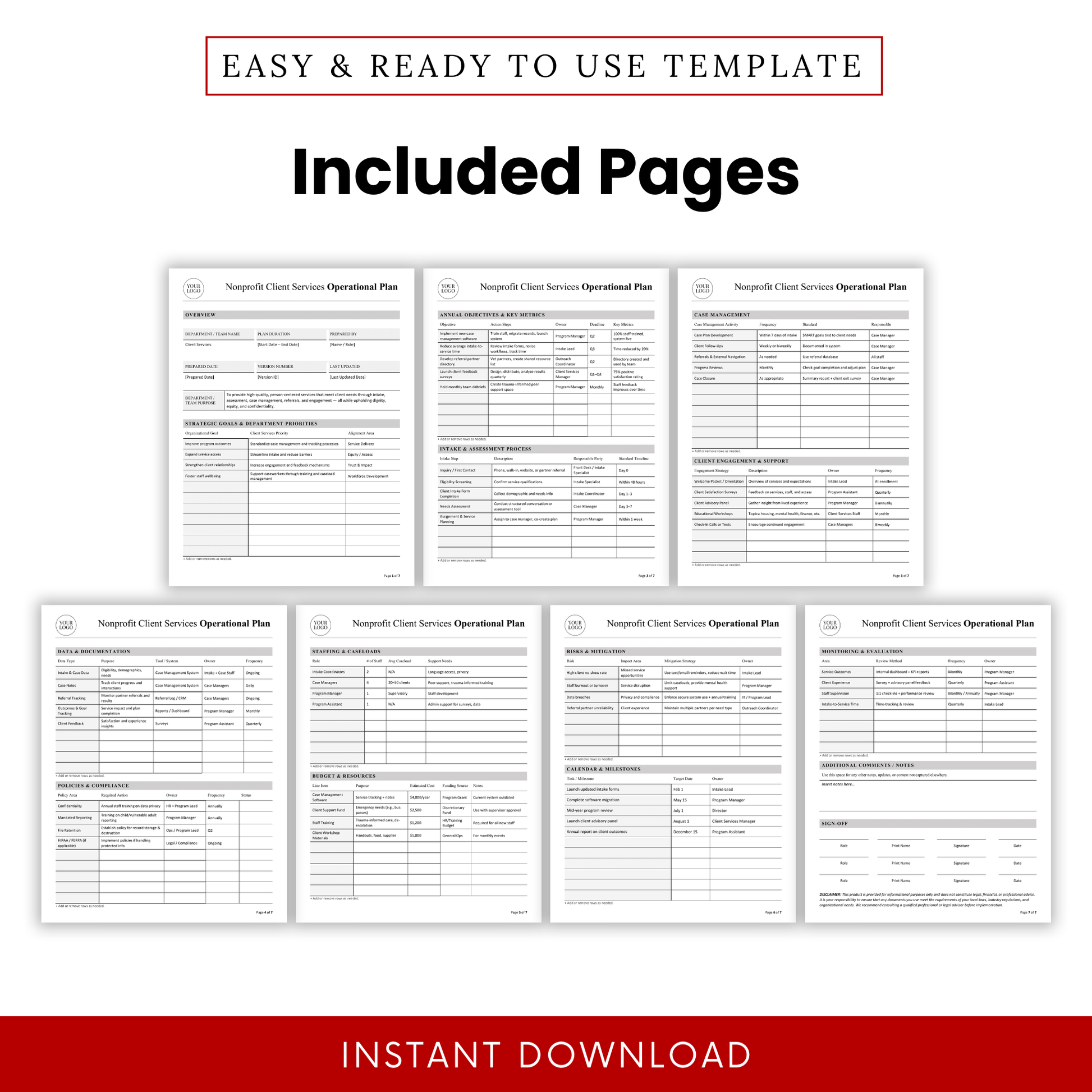 Nonprofit client services operational plan template multi-page preview including data tracking, case management, staffing, budget, risk mitigation, and evaluation sections in Word format