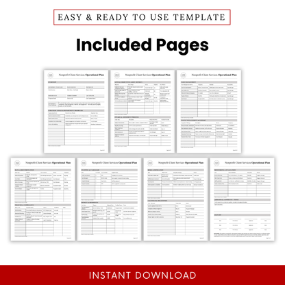 Nonprofit client services operational plan template multi-page preview including data tracking, case management, staffing, budget, risk mitigation, and evaluation sections in Word format